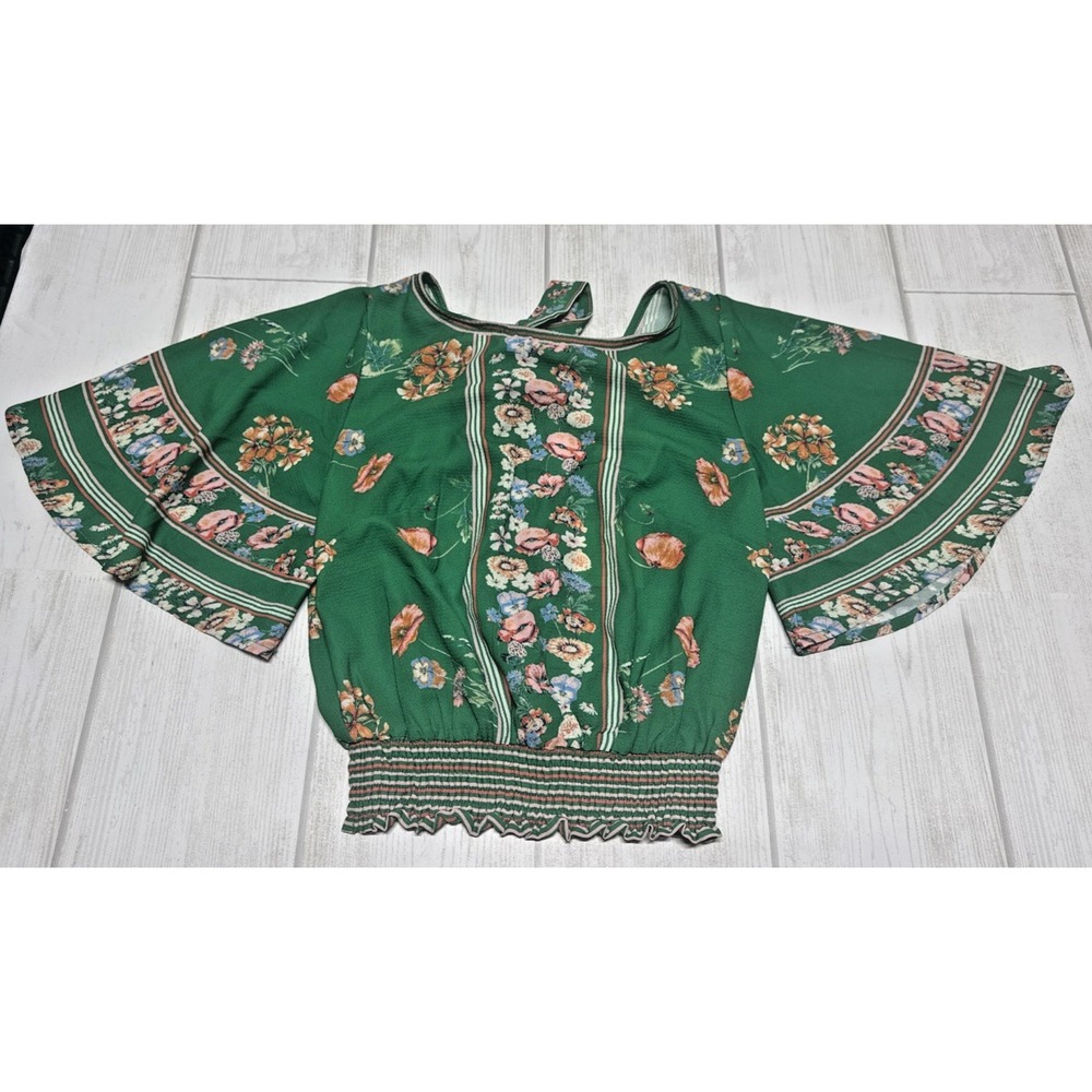NWT Jealous Tomato Womens XS Green Floral Top Cropped Whimsical Flutter Sleeve